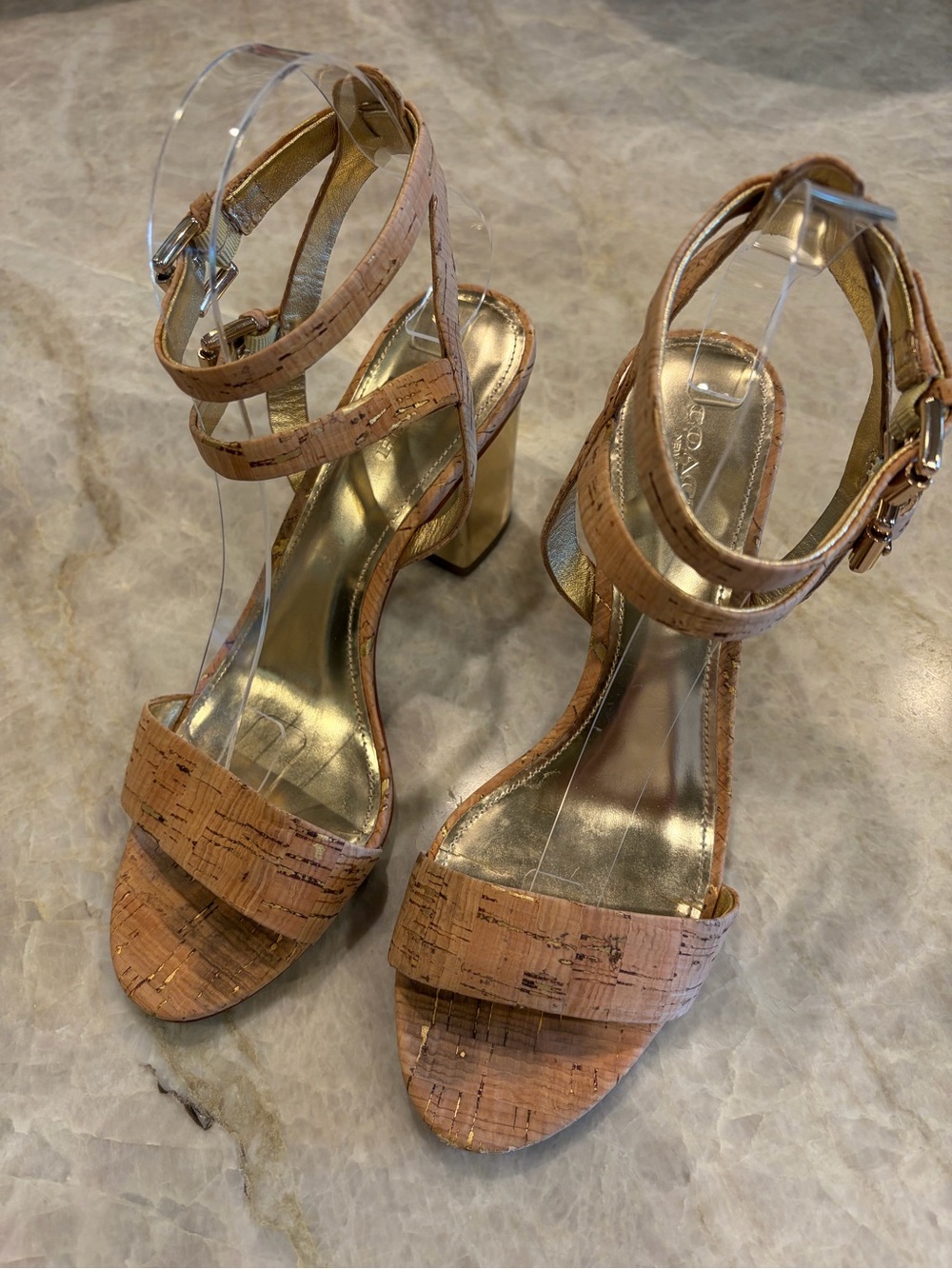 Coach Cork & Gold Leather Heeled Sandals